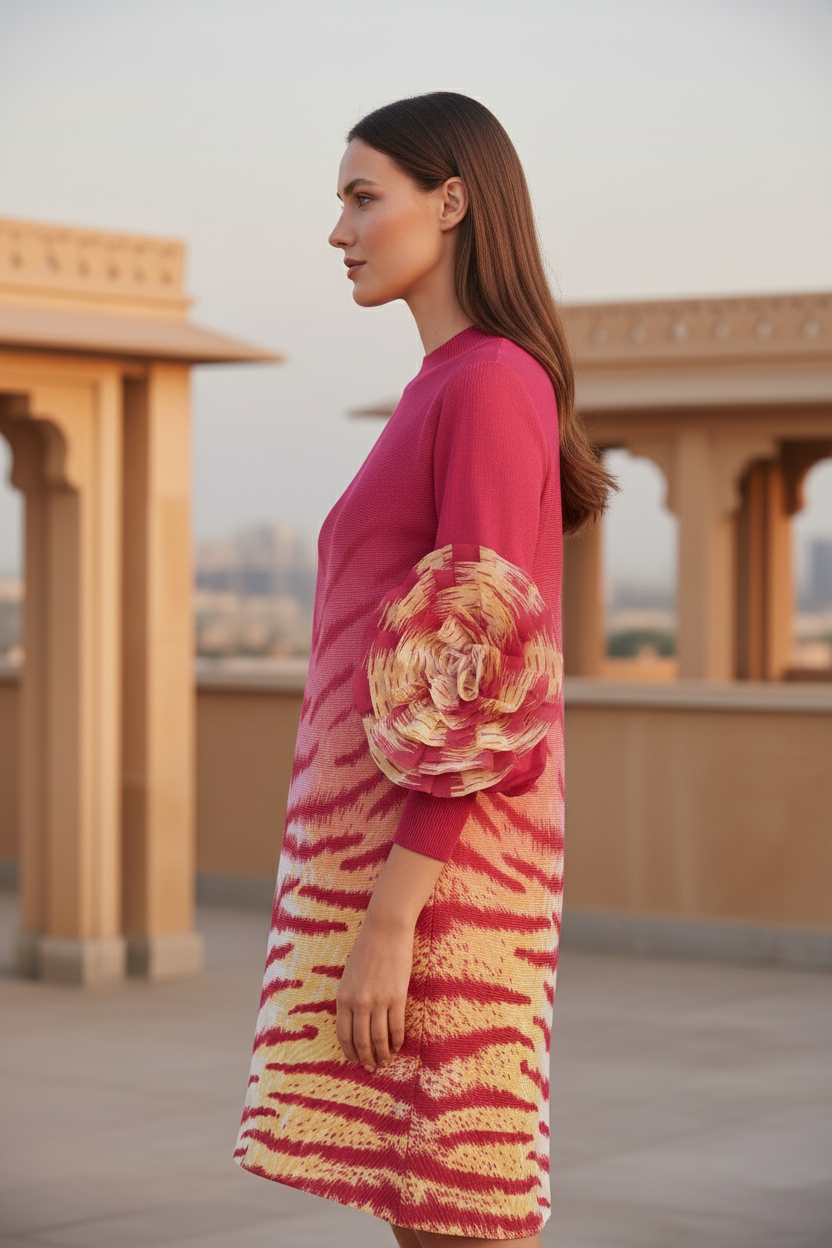 Soliel Ruffle Sleeve Print Dress - Rose Red