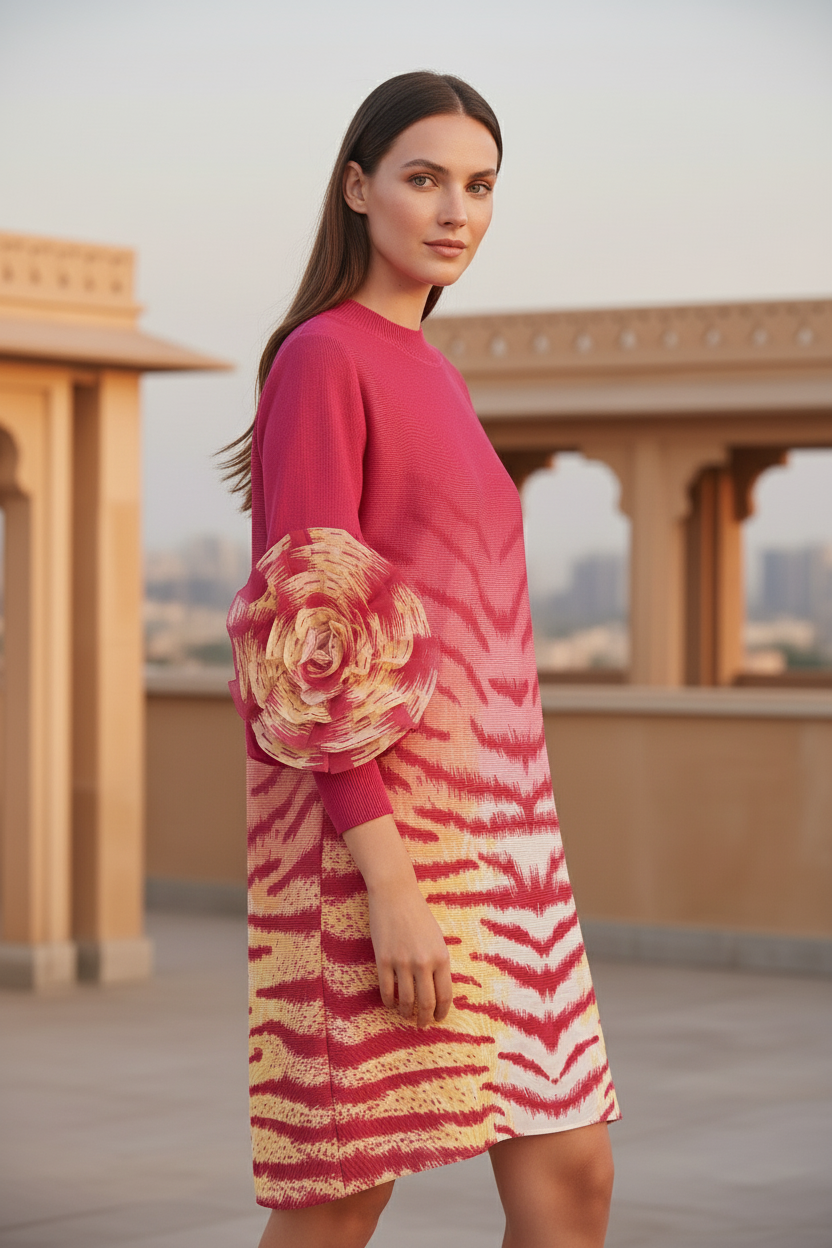 Soliel Ruffle Sleeve Print Dress - Rose Red