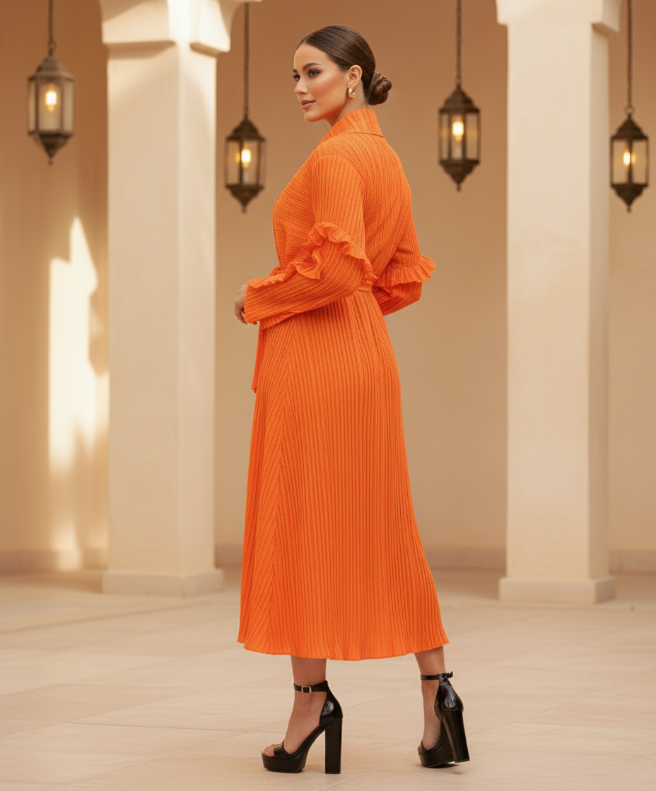 Full Sleeve pleated dress - Orange
