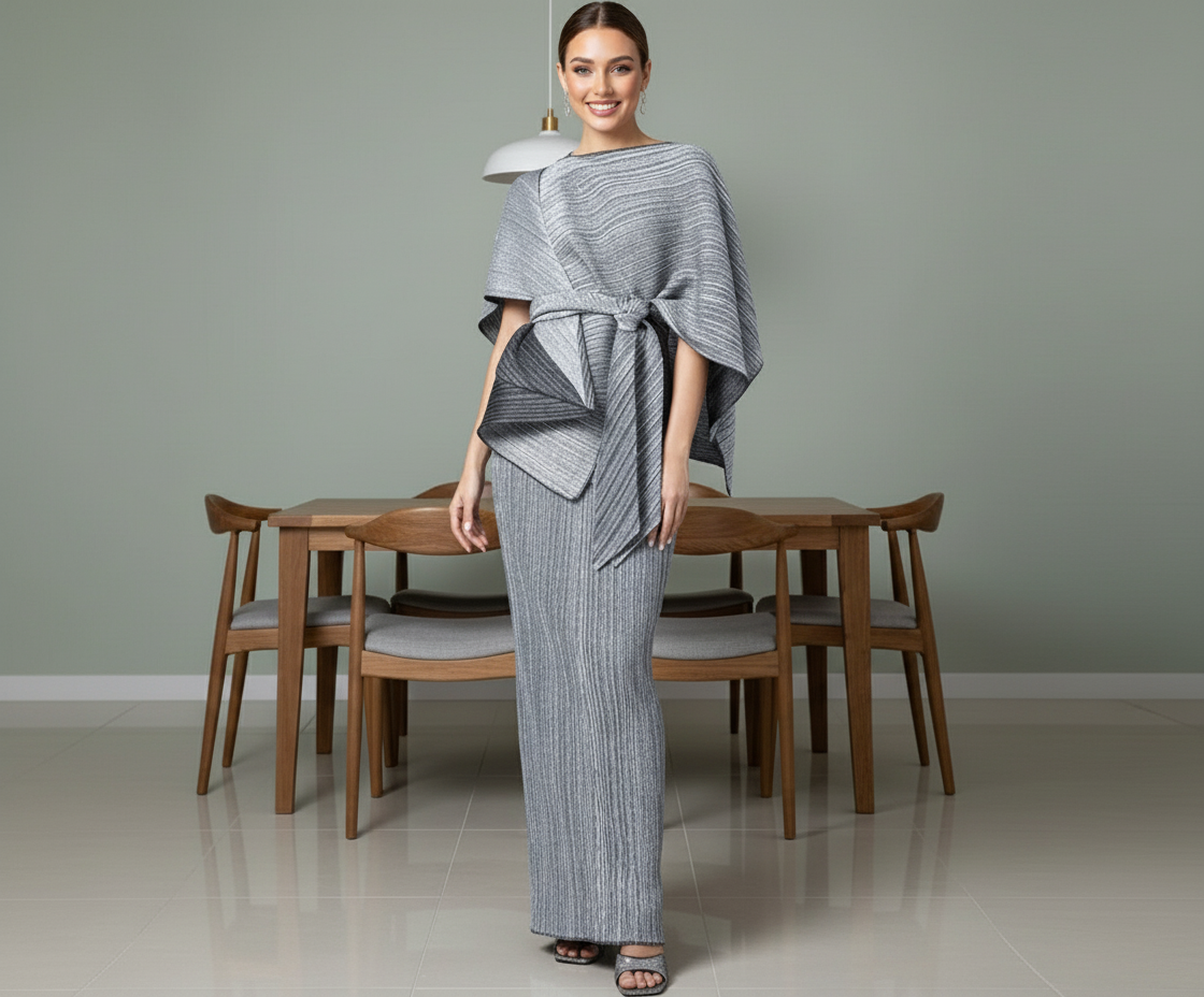 Summer Notched Pleated Dress - Grey