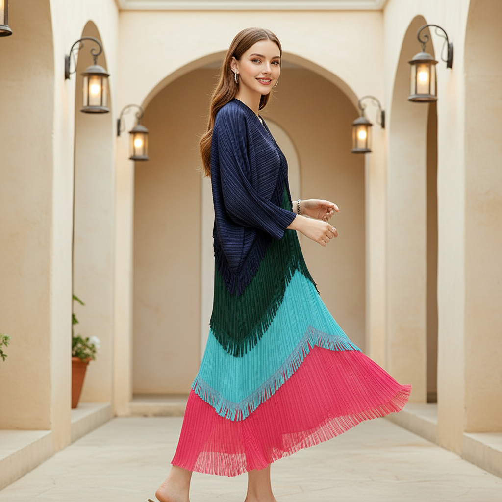 Kimono Fringe Dress - blue