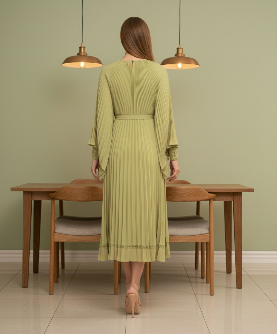 Loose Batwing Sleeve Elegant Pleated Dress - Green