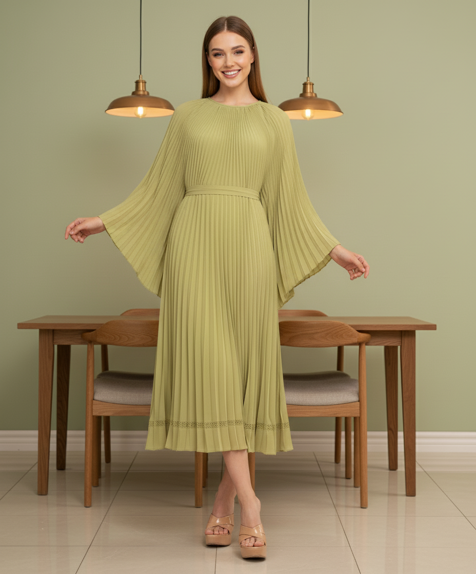 Loose Batwing Sleeve Elegant Pleated Dress - Green