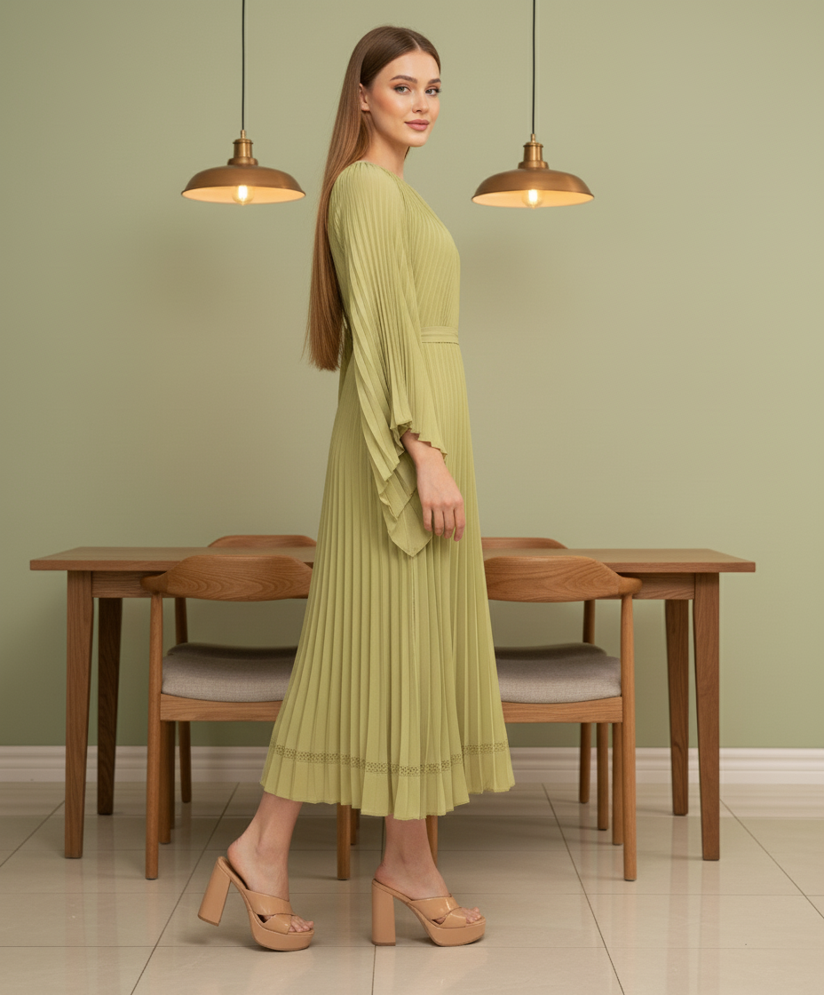 Loose Batwing Sleeve Elegant Pleated Dress - Green