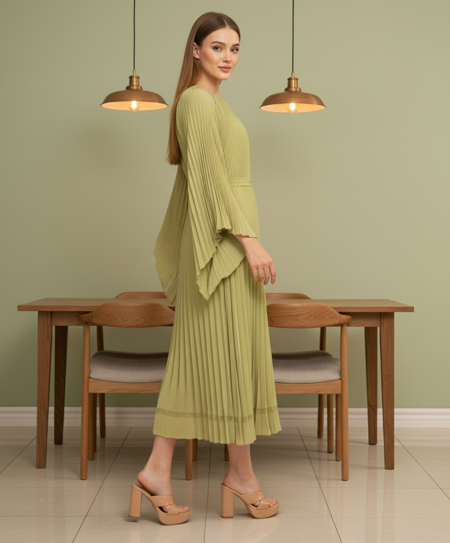 Loose Batwing Sleeve Elegant Pleated Dress - Green