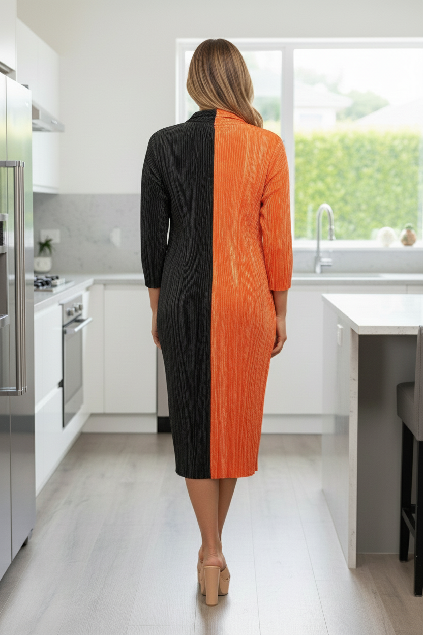 Pleated Black Orange Combination Dress
