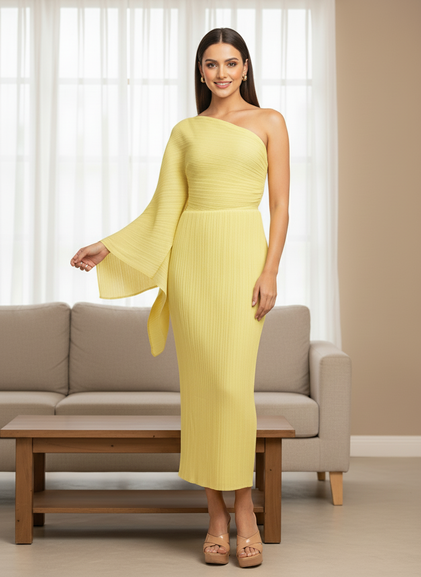 Yellow One Shoulder Drape Dress