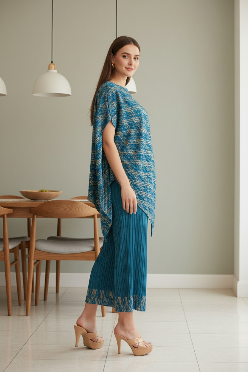 Polyester Metallic Pleated Top And Pant Set - Blue