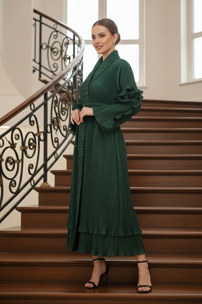 Full Sleeve pleated dress -  Green