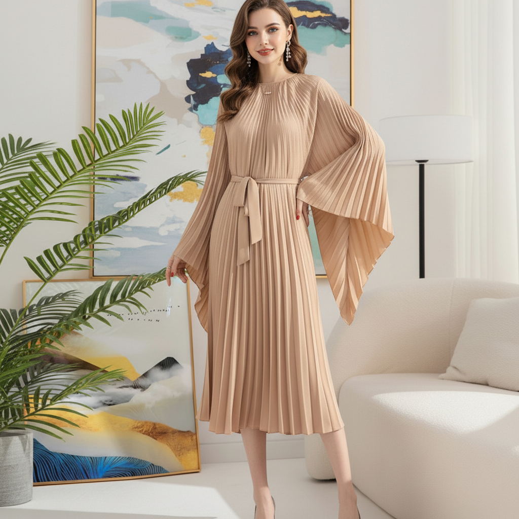 Loose Batwing Sleeve Elegant Pleated Dress - Beige