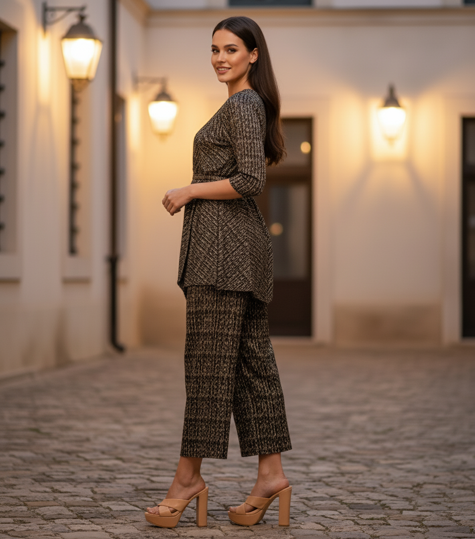 Gold Polyester Metallic Pleated Top And Pant Set - Black