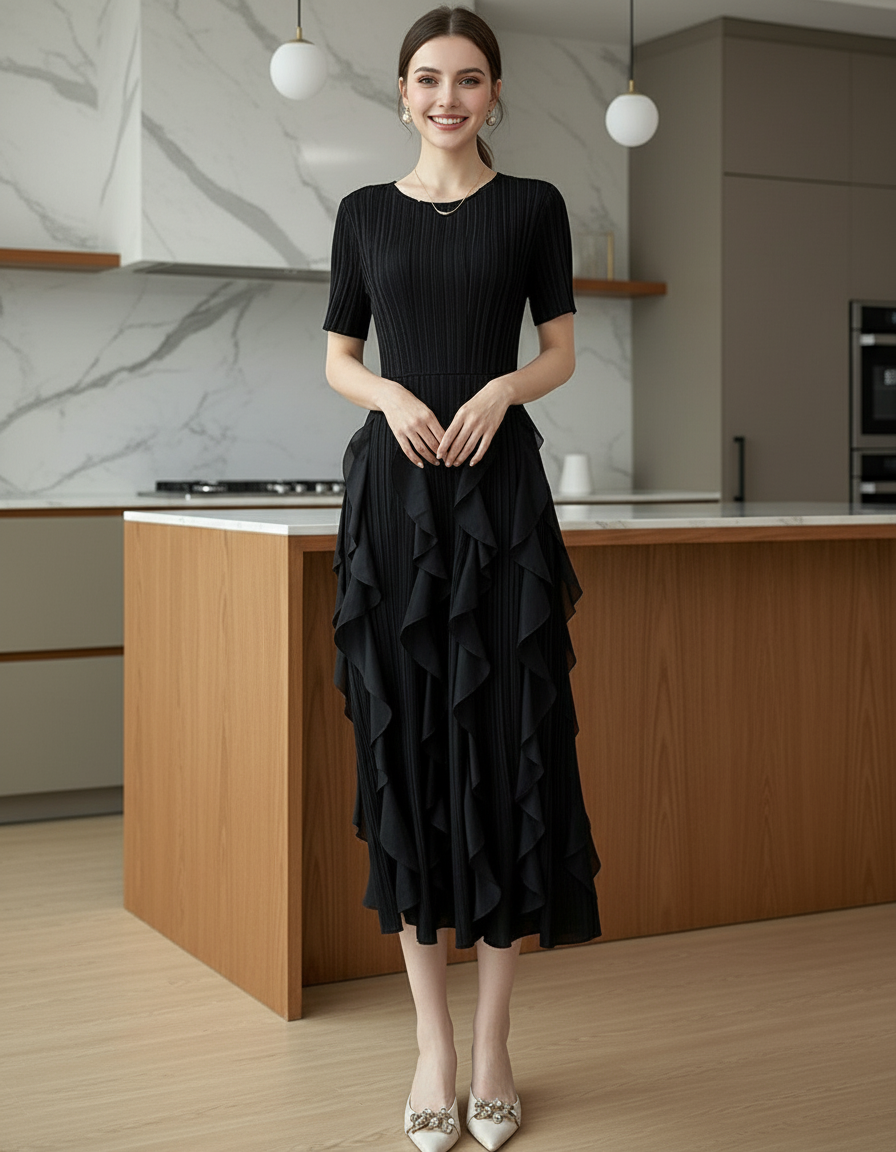 Spring Summer Ruffled Tunic - Black