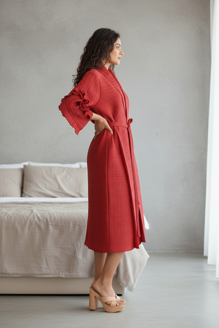 Full Sleeve pleated dress -  Wine Red