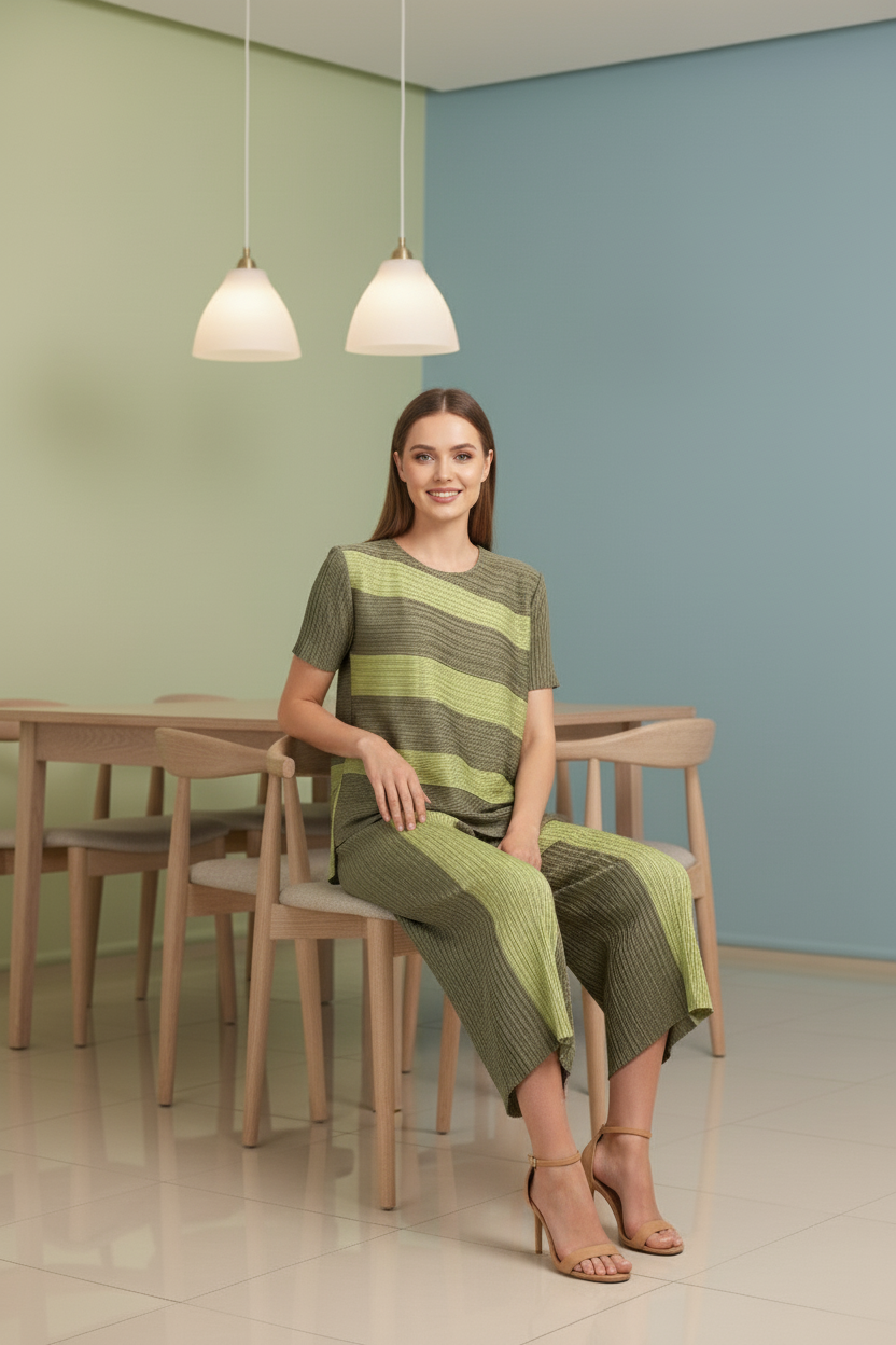 Top Loose Mild Pleated Stretching Skirt Two Pieces Set - Green