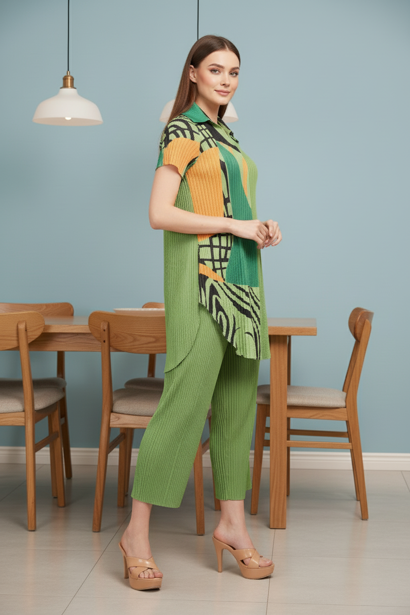 Stitched Yoke Notch Mandarin Neck - Green