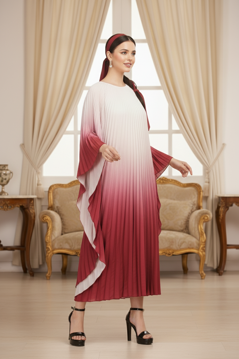 Pleated Gradual Color Dress Irregular O-neck Long Sleeves Loose Long - Wine Red