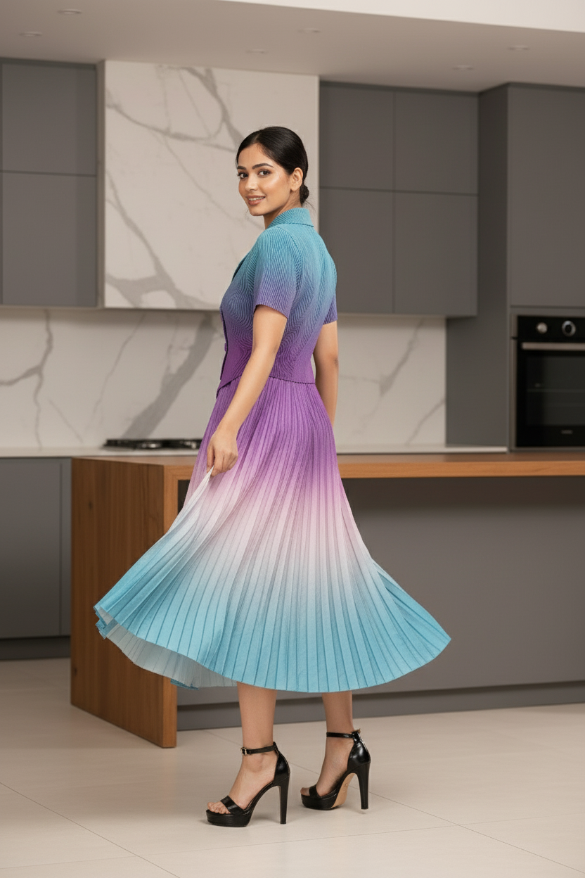 Dual Color Ombre Pleated Skirt Set -  Blue