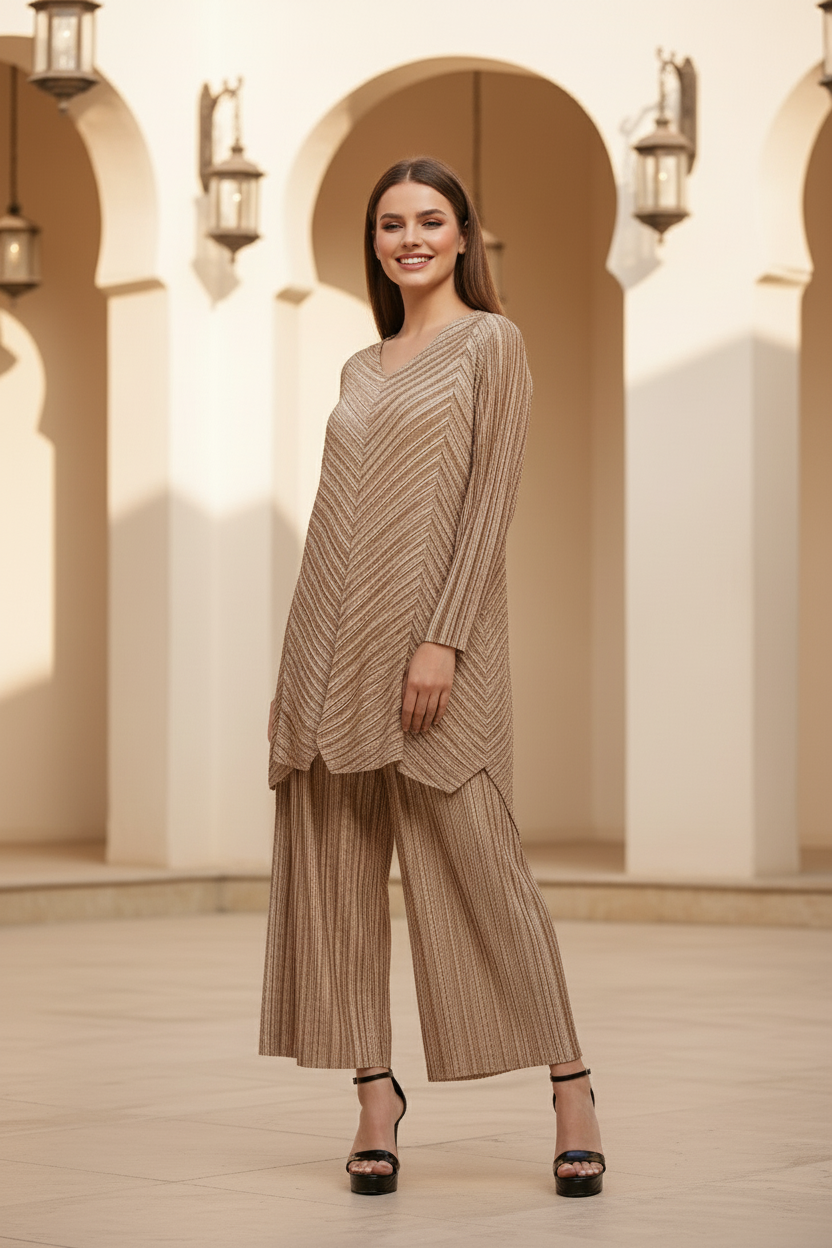 Gold Polyester Metallic Pleated Top And Pant Set - Beige