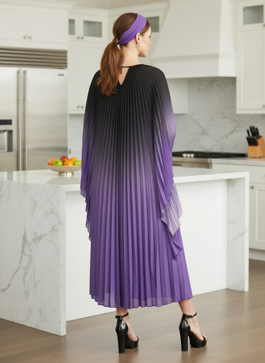 Pleated Gradual Color Dress Irregular O-neck Long Sleeves Loose Long - Purple