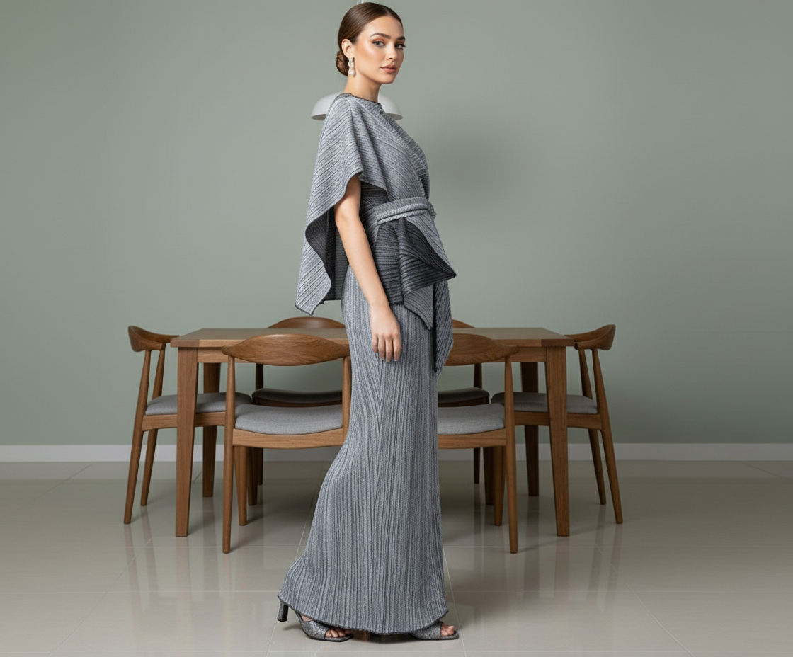 Summer Notched Pleated Dress -  Grey