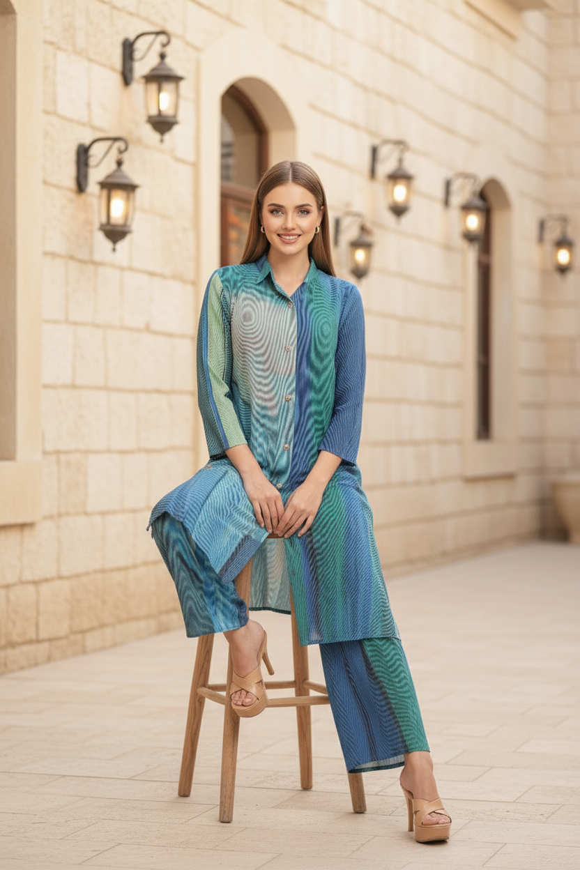 Polyester Button Down Tunic And Set - Blue