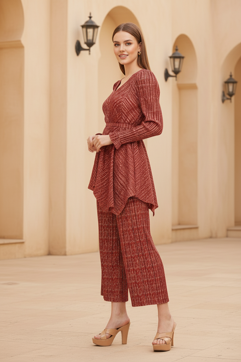 Gold Polyester Metallic Pleated Top And Pant Set - Wine Red