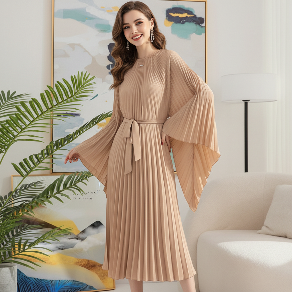 Loose Batwing Sleeve Elegant Pleated Dress - Beige