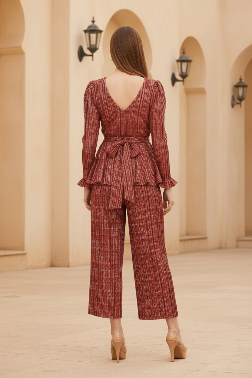 Gold Polyester Metallic Pleated Top And Pant Set - Wine Red