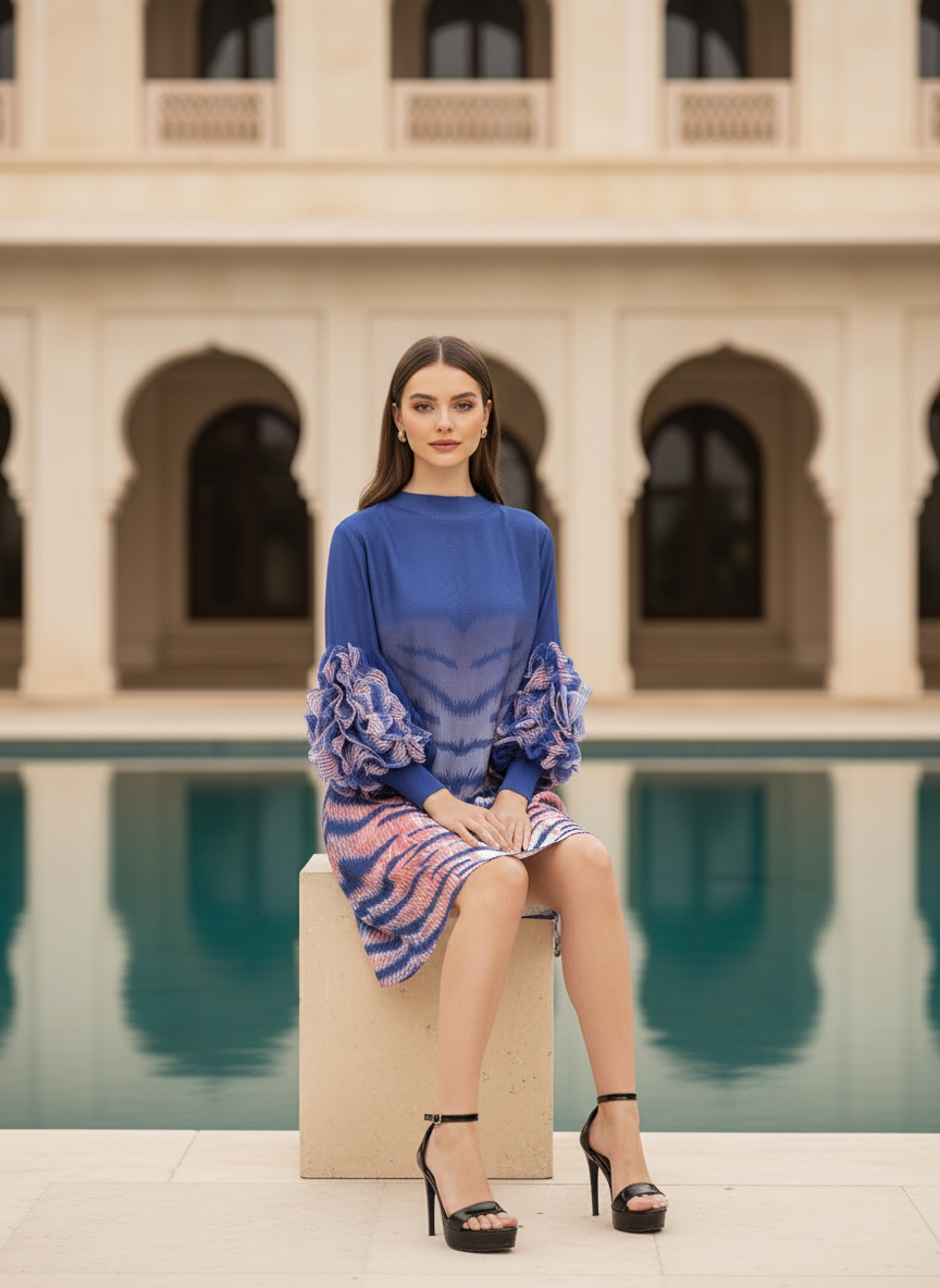 Soliel Ruffle Sleeve Print Dress - Blue