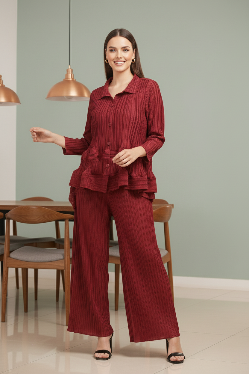 Garnet Polyester Pant Set - Wine Red