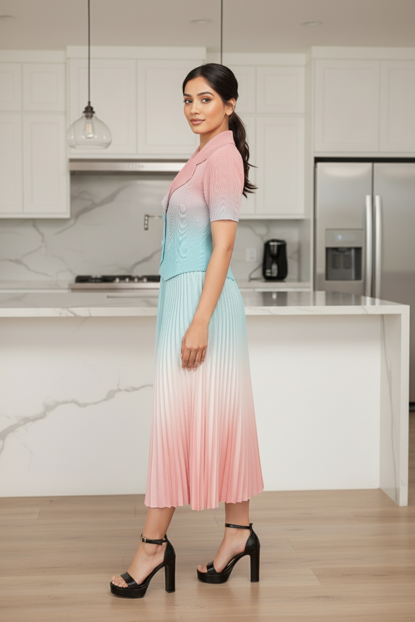 Dual Color Ombre Pleated Skirt Set - Pink