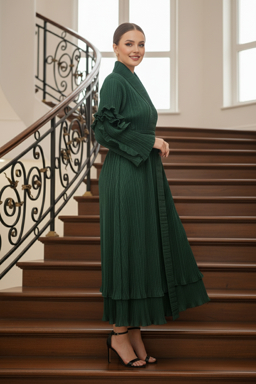 Full Sleeve pleated dress -  Green