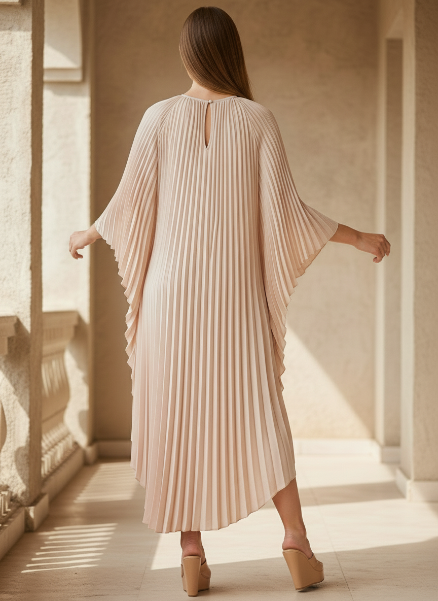 Loose Batwing Sleeve Elegant Pleated Dress - White