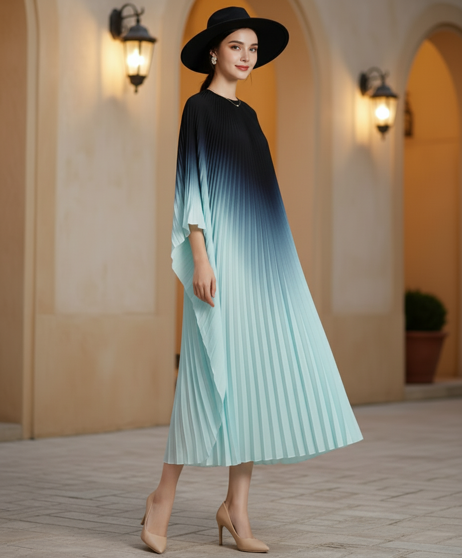 Pleated Gradual Color Dress Irregular O-neck Long Sleeves Loose Long -Dark Grey