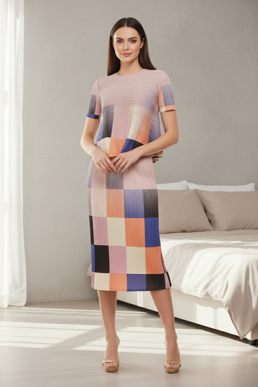 Pleated Multicolor High Neck Short Sleeve