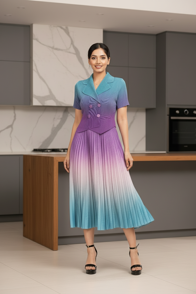 Dual Color Ombre Pleated Skirt Set -  Blue