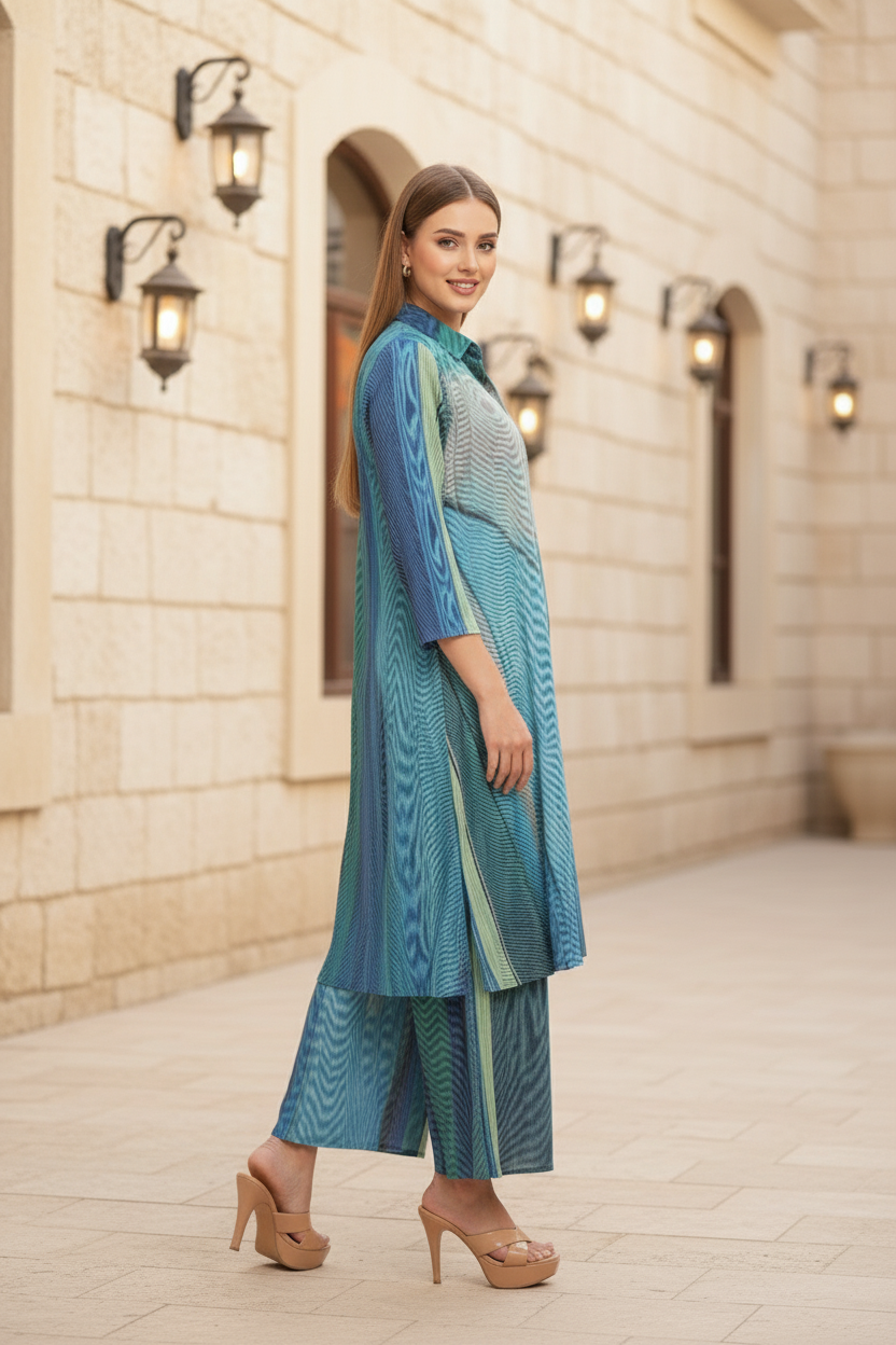 Polyester Button Down Tunic And Set - Blue