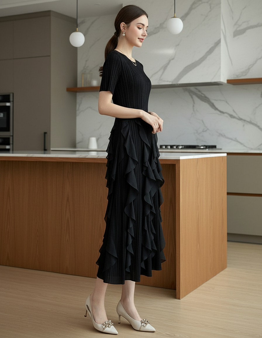 Spring Summer Ruffled Tunic - Black