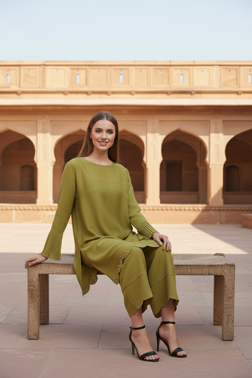 PEARL EMBROIDERED COORD SET -  Green