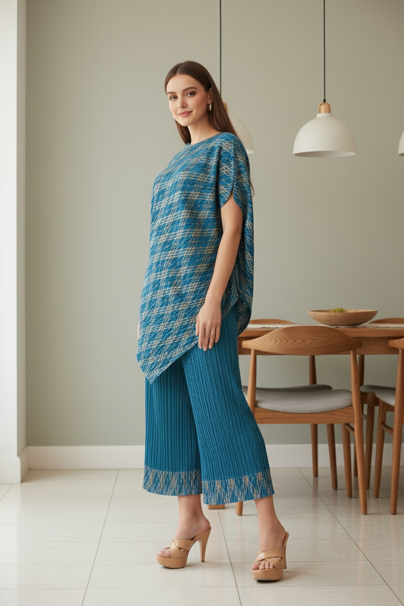 Polyester Metallic Pleated Top And Pant Set - Blue