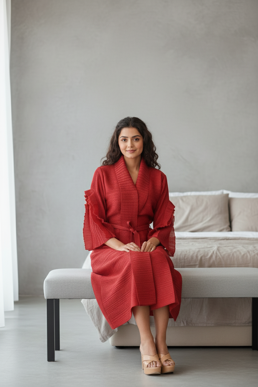 Full Sleeve pleated dress -  Wine Red