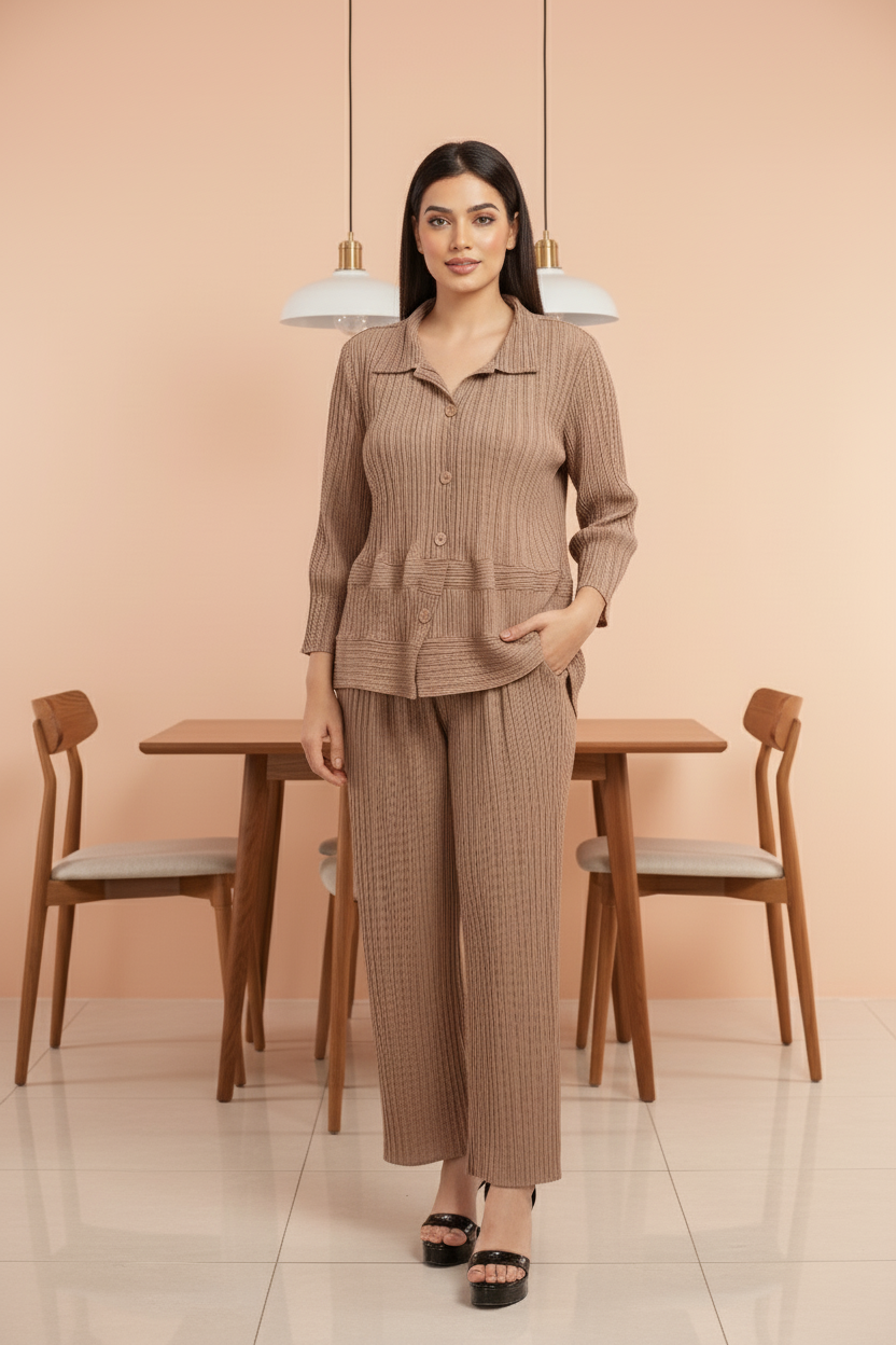 Garnet Polyester Pant Set - Beige