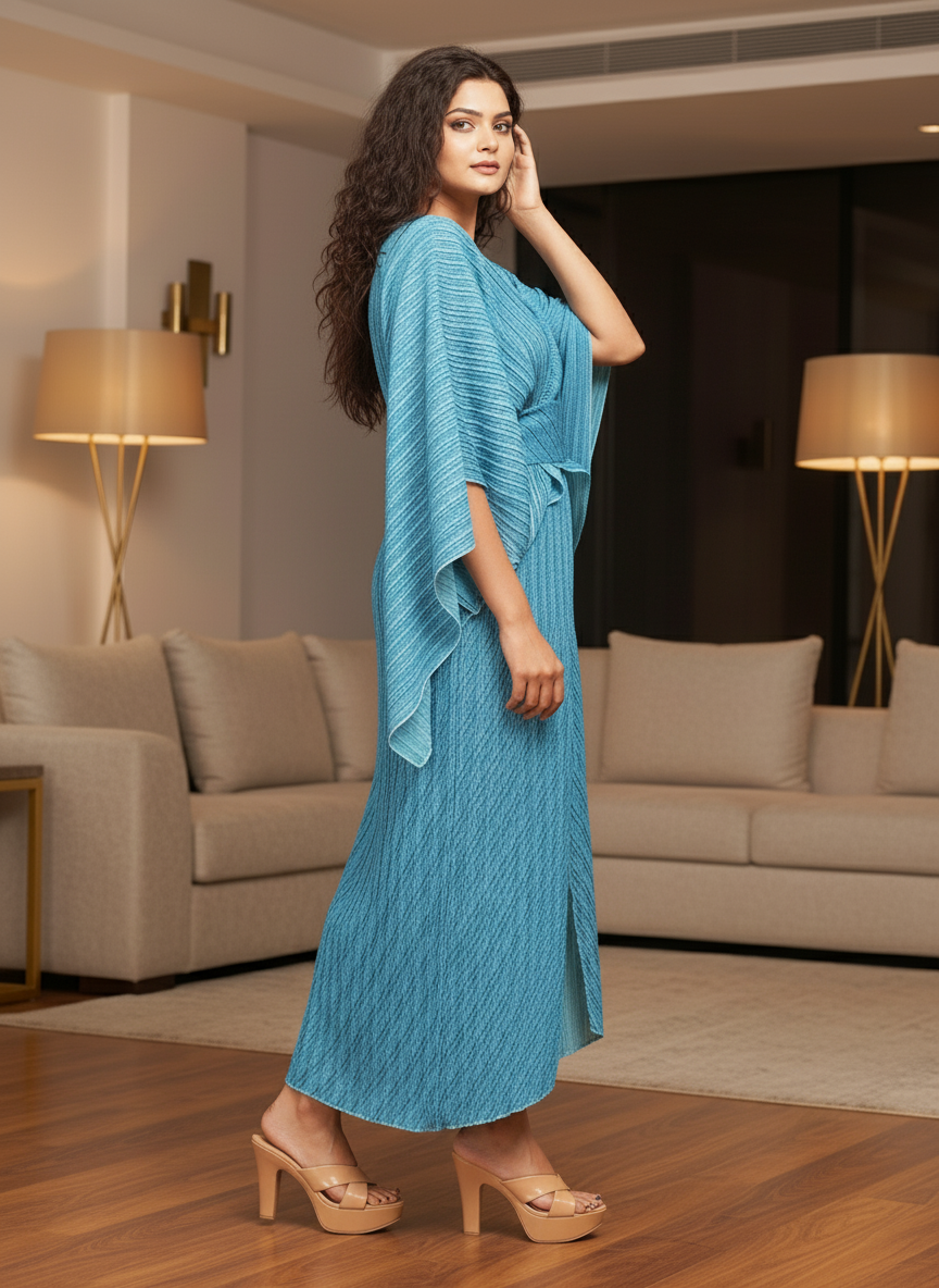 Summer Notched Pleated Dress - Blue