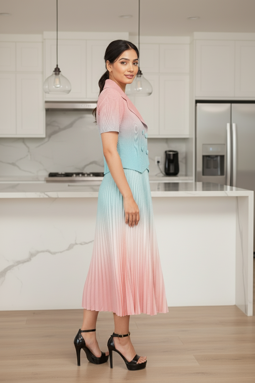 Dual Color Ombre Pleated Skirt Set - Pink