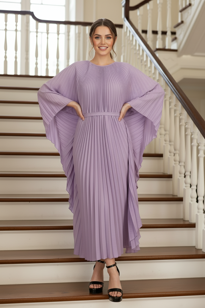 Loose Batwing Sleeve Elegant Pleated Dress - Purple
