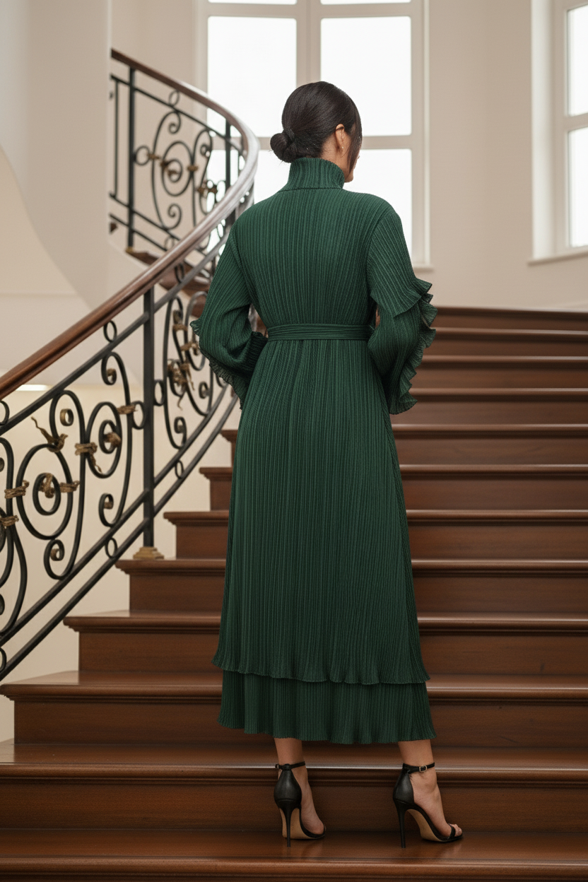 Full Sleeve pleated dress -  Green