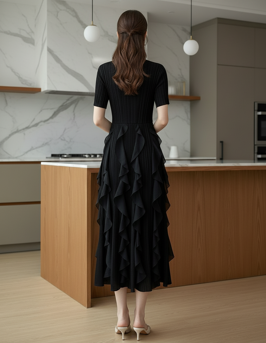 Spring Summer Ruffled Tunic - Black