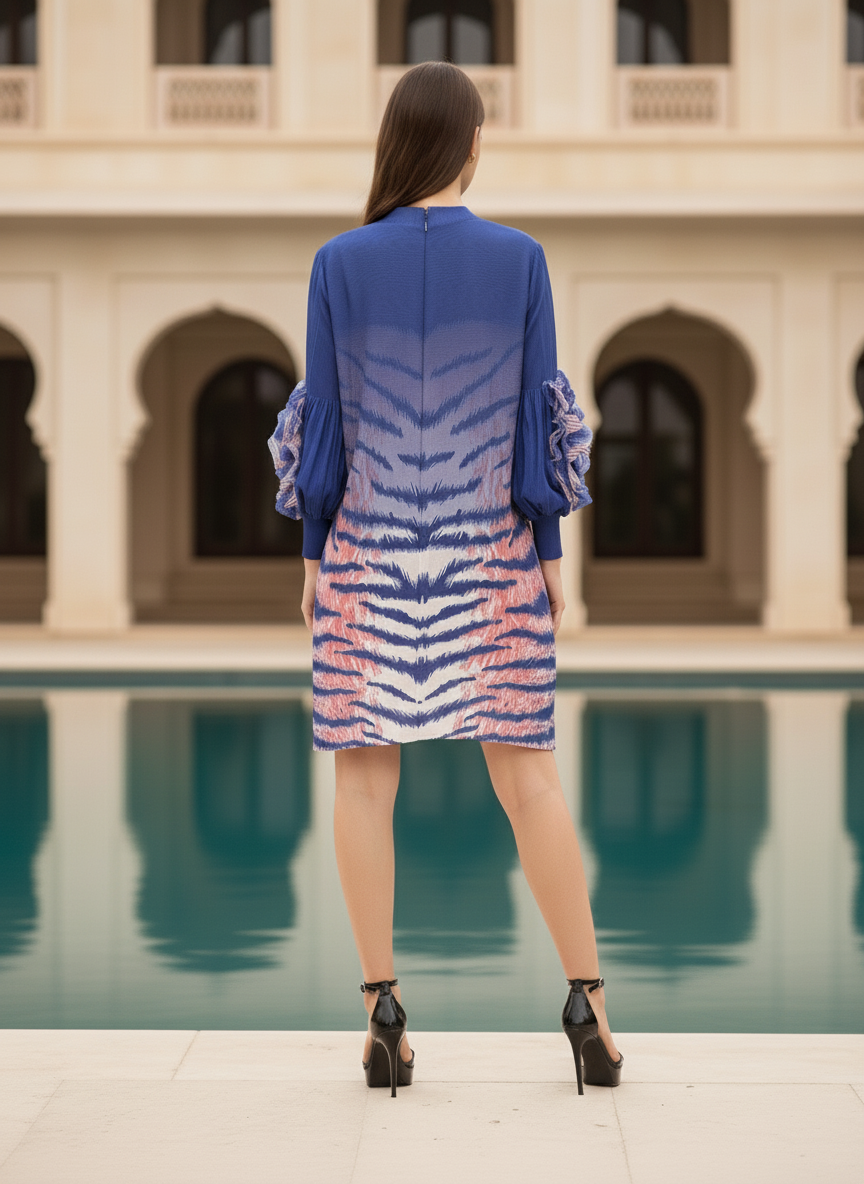 Soliel Ruffle Sleeve Print Dress - Blue