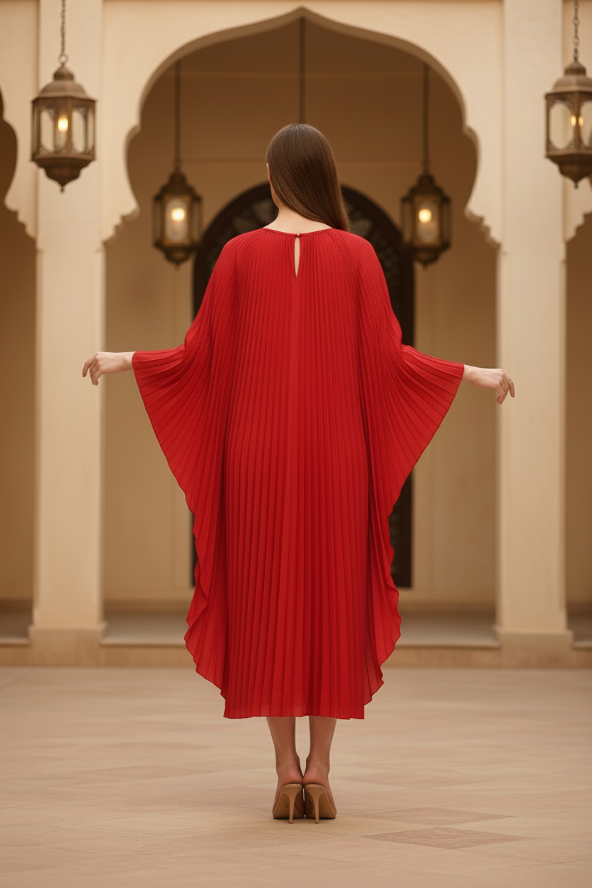 Loose Batwing Sleeve Elegant Pleated Dress - Red
