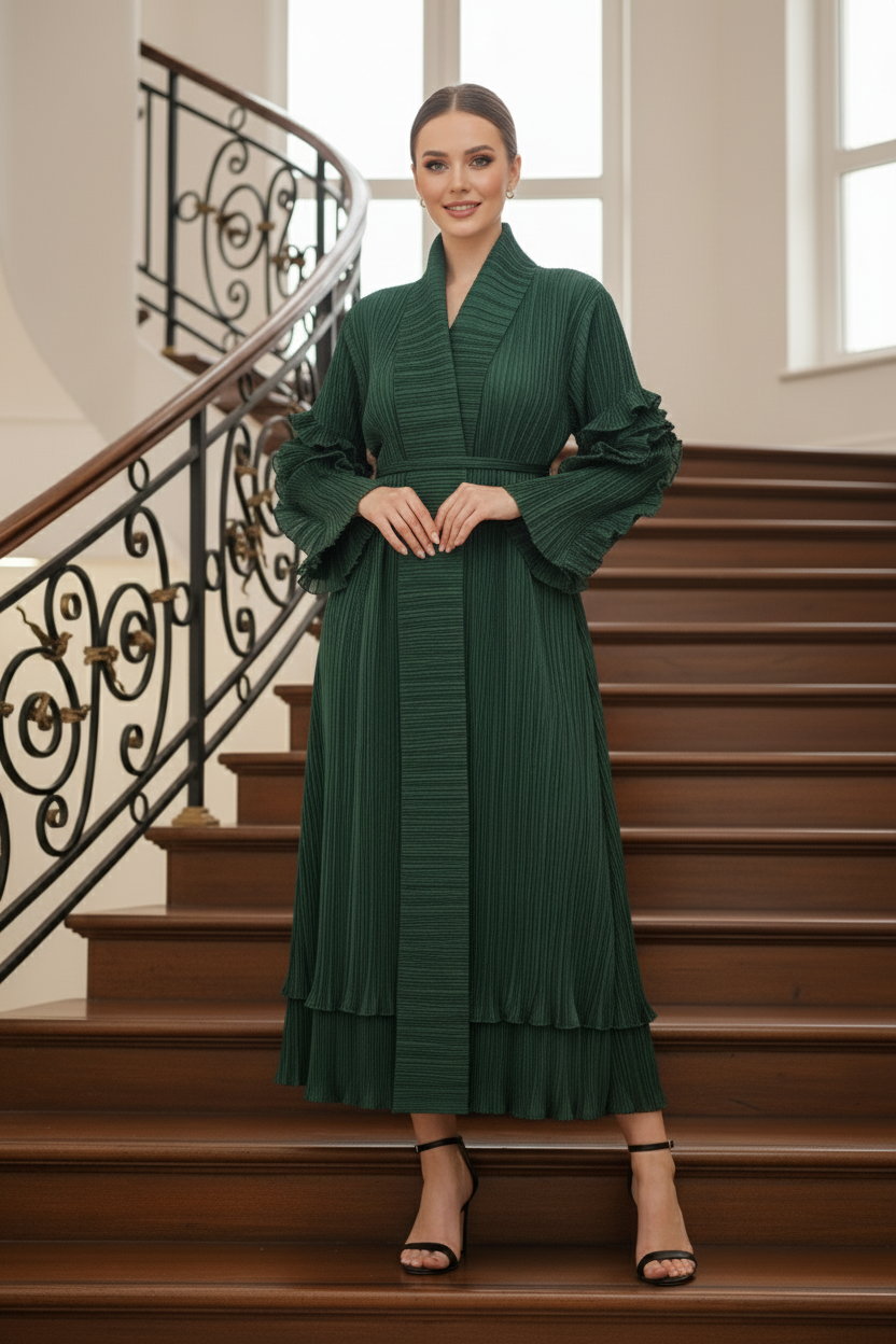 Full Sleeve pleated dress -  Green